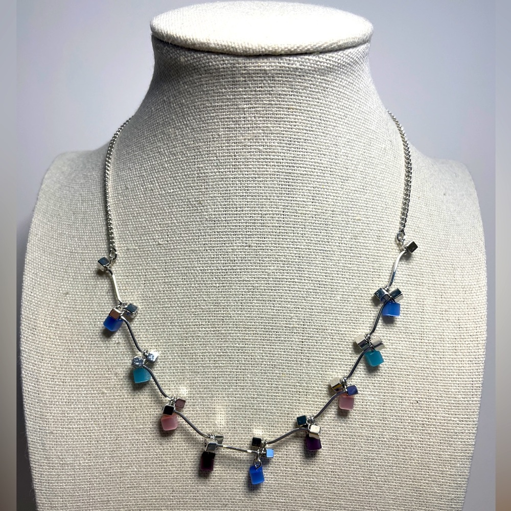 Lia Sophia “Chatterbox” Silver Necklace with Cat’s Eye Cubed Accents